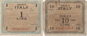 Two bank notes issued by the Allies in Italy. 1 Li