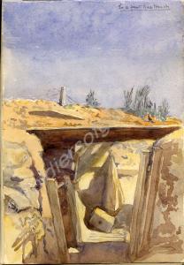 "In a front line trench." 1918. Work by Major Tom
