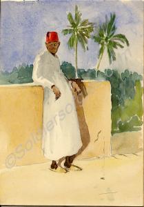 An Egyptian man leaning on a wall. Egypt 1919. Wor
