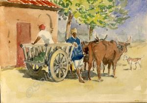 Painting of a cart and oxen 1919. Work by Major To