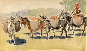 Painting of mules carrying food. 1921. Work by Maj