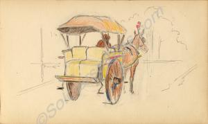 Sketch of a mule and cart. 1922. Work by Major Tom