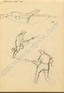 Sketches of figures and a Sten gun by Major Tom Ba