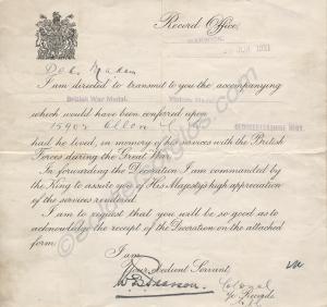 Medal Office letter of 1921 concerning 15902 Priva