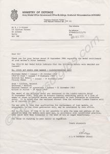 Letter from M.O.D. Medal Office with reference to