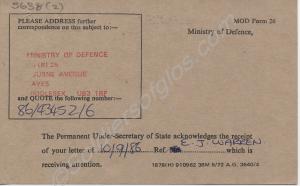 M.O.D. Form 26 (buff card) Ref No. 86/43452/6 dat