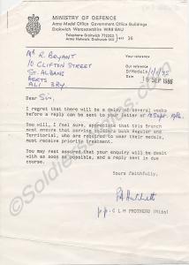 Letter from M.O.D. Medal Office with reference to