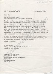 Letter to M.O.D. Medal Office with reference to 14