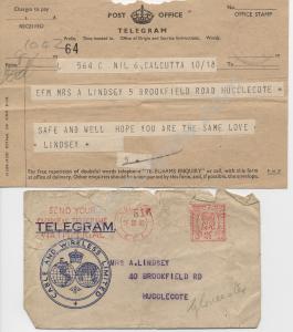 Telegram to Mrs A. Lindsey from Calcutta with env