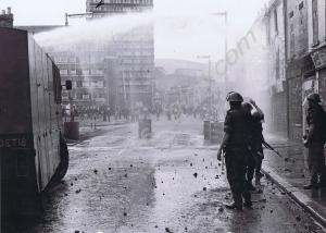 Dispersing a riot with water cannon. Gloucestershi