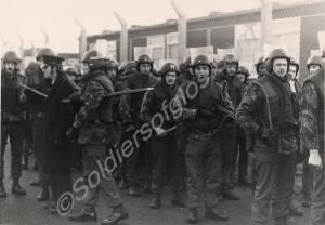 Troops in riot gear awaiting orders. Gloucestershi