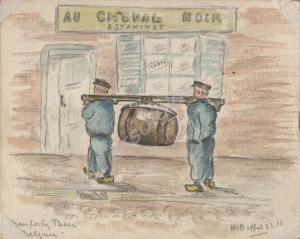 "One way of carrying a barrell. Bailieau." Painted