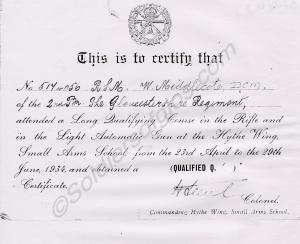 Photocopy of Certificate from the Small Arms Train
