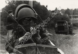 Soldier with S.A.80 on training exercise. Gloucest