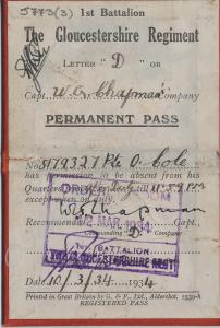 Permanent Pass. 5179327 Private Oswald Eric Cole.
