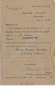Official Notification of Burial letter - Army Form