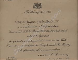 Framed citation for Mention in Despatches. 240697