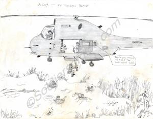 Pencil cartoon of a helicopter drop. Exercise Touc
