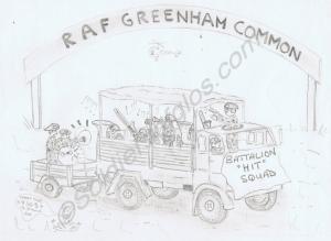 Cartoon of the Band at R.A.F. Greenham Common. Glo