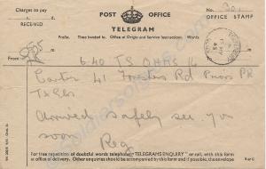 Post Office telegram sent 12th May 1945. With the