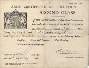 Second Class Education Certificate. Awarded to Pte