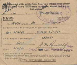 Three leave passes of Pte. F.W. Day (5183474) of t