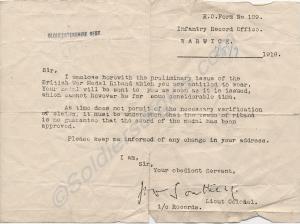 Letter accompanying issue of British War Medal Rib
