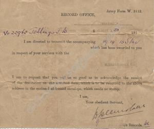 Letter accompanying issue of 1914-15 Star. 1920.
