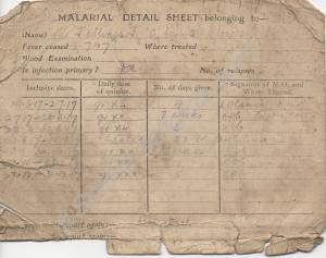 Malaria Details sheet. 1917. Private Joseph Jellin