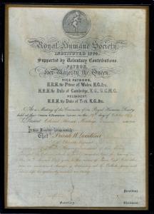 Royal Humane Society Citation in frame. Awarded to