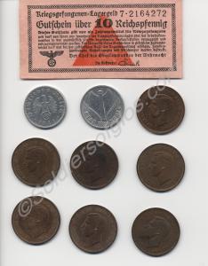 A 50 Pfennig coin 1941; a 1 Franc coin 1943;  One