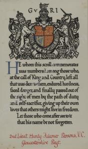 Framed memorial scroll to 2/Lt. H.F. Parsons V.C.