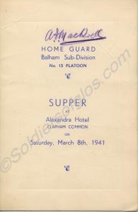 Menu card. Balham Home Guard. 8th March 1941.