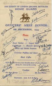 Menu card. Balham Home Guard. 8th December 1944.
