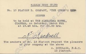 Invitation to supper. Balham Home Guard. 8th Decem
