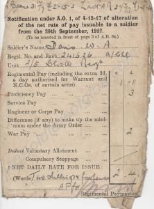 Pay Slip. Corporal W.A. ' Curly' Davis M.M. and Ba