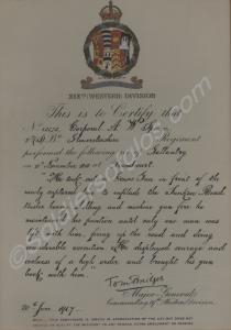 Framed citation to Cpl. A.W. Spencer (12172) of th