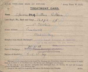 Treatment Card. 12172 Sergeant Arthur William Spen