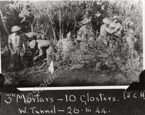 3 inch mortars in action. 10th Battalion, The Glou