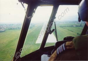 A helicopter landing at Sarajevo airport.