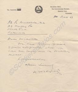 Official notification of Military Medal award to 2