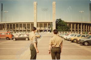 Two soldiers at Olympic Stadium in Berlin. 1st Bat