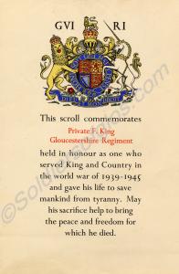 Memorial Scroll to 5188140 Private F. King. 2nd Ba