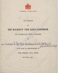 Silver Jubilee Medal award Certificate. R.S.M. Re