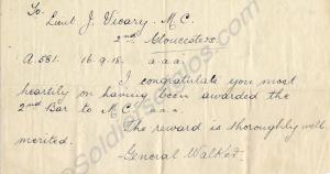 Note  of congratulation to Lieutenant John Vicary