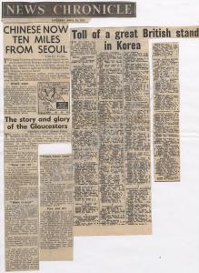 Newspaper cuttings about the Korean War.  1st Batt