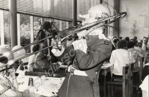 Sergeant Bloomfield with comedy nose and wig, play