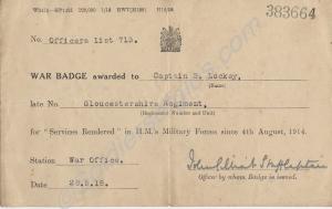 Notification of Silver War Badge awarded to Captai