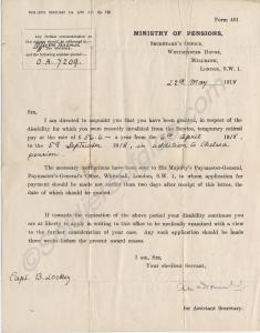 Notification of disability pension. Captain Bertra