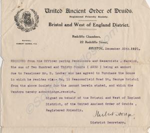 Receipt of house purchase of  Bertram Lockey. 1921